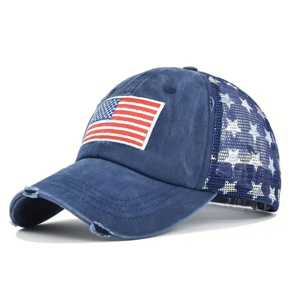 Blue American Flag Star Trucker Cap-Washed Distressed USA Embroidery- Adjustable - Picture 1 of 8
